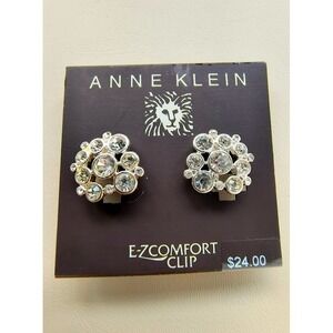 Anne Klein E Z Comfort Clip‎ Earrings Silver Tone Crystal Cluster Round